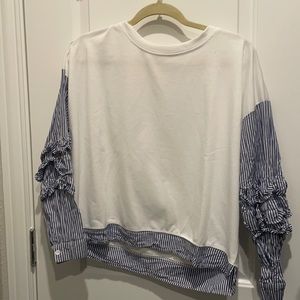 Shirt/sweater white with blue striped sleeves 💙🤍